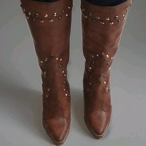 New Cato Womens Comfort Faux Leather Western Studded Tall Boots Brown Size 8M